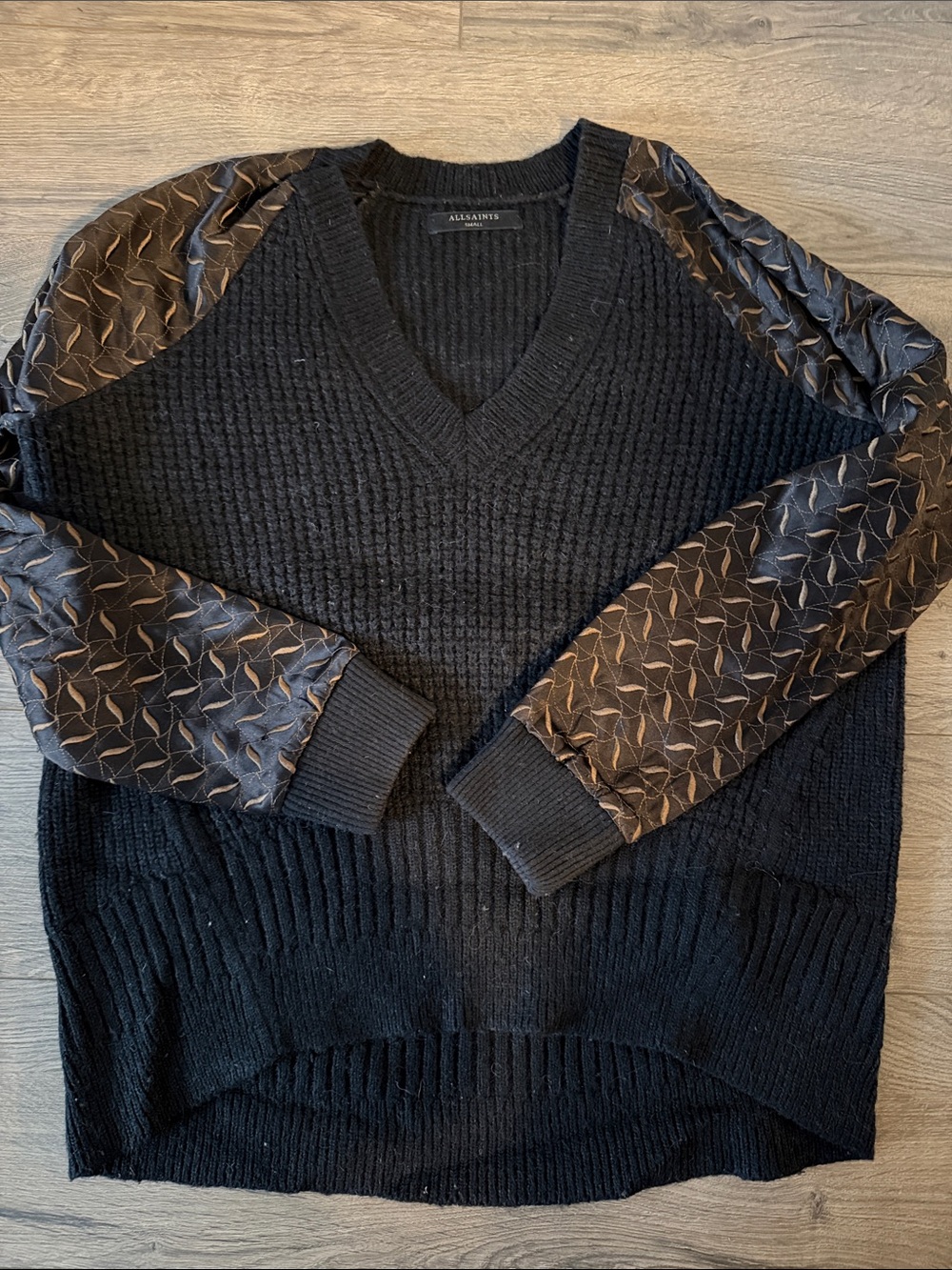 All Saints Black V-Neck Sweater with Quilted Brown Sleeve Detail